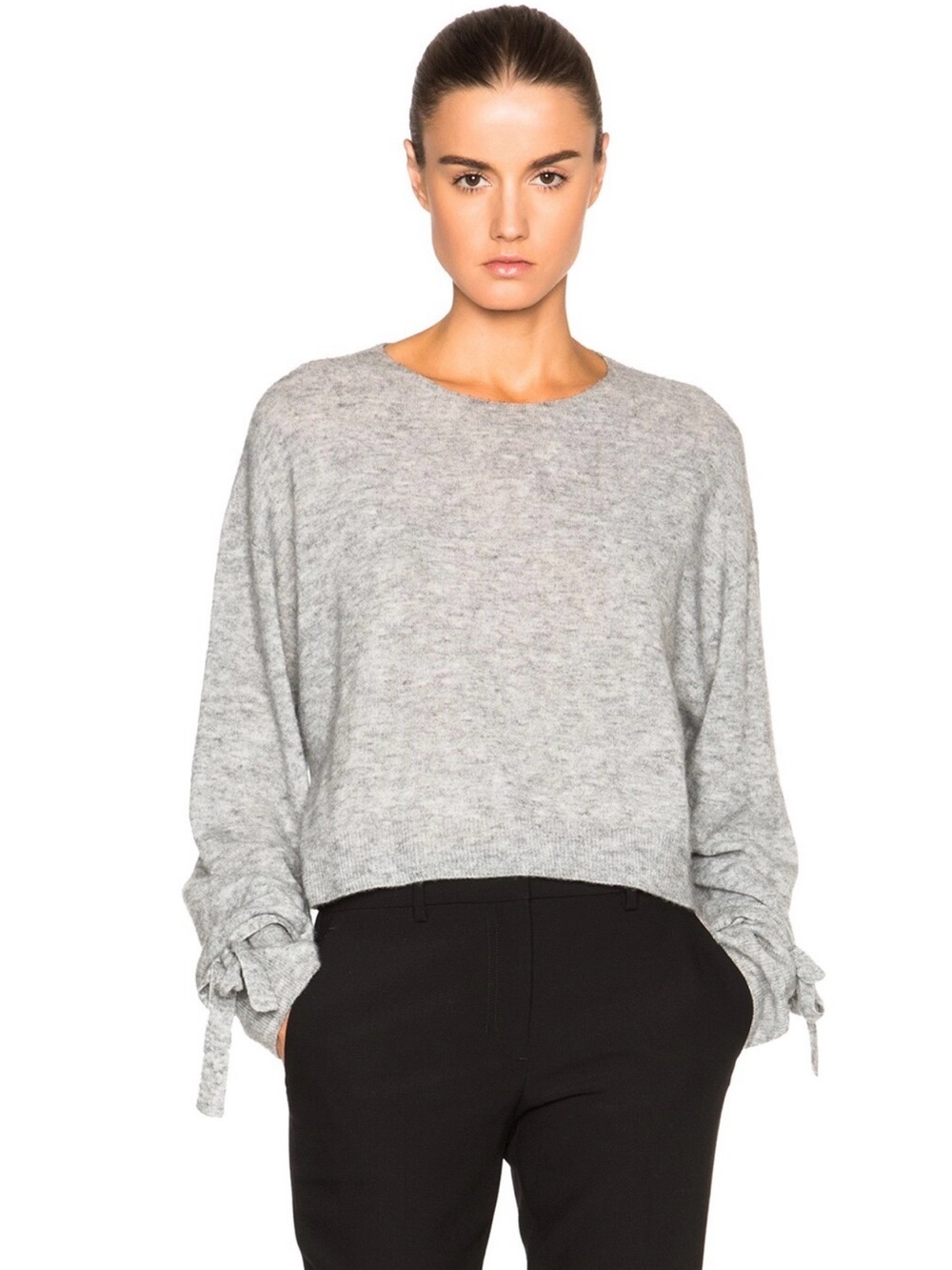 Helmut Lang Gray Wool Blend Tie Cuff Bow Cropped Sweater M